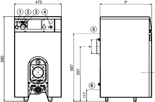 Размеры для подключения напольных газовых чугунных котлов Protherm Бизон 30-70NL 